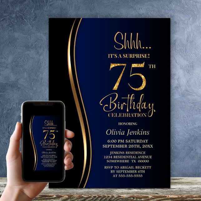 Black Guld Blue Surprise 75:e Birthday Inbjudningar (Skapare uppladdad)