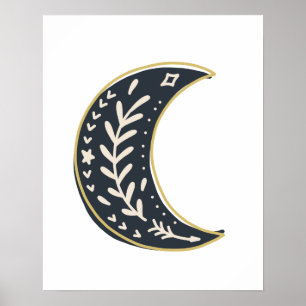 Black Guld bohemian blommigt Måne Abstrakt Art Poster