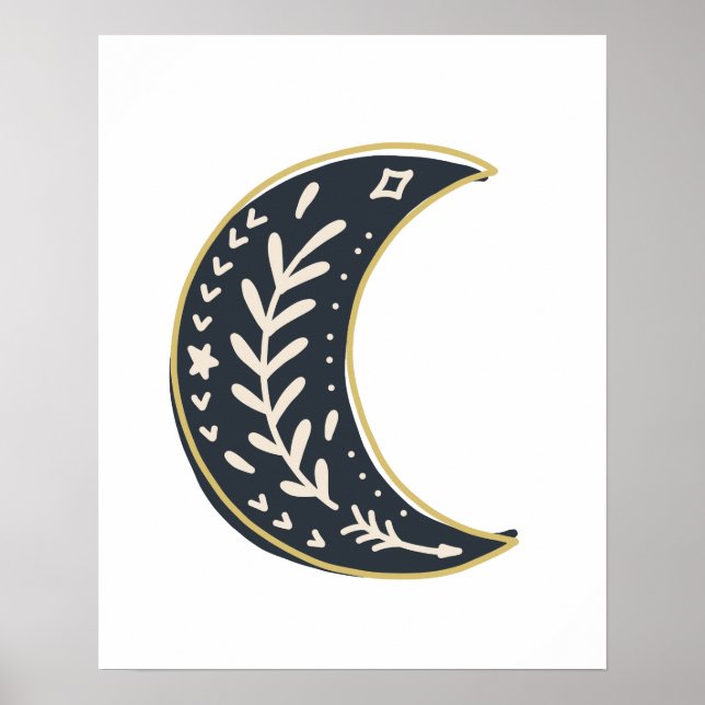 Black Guld bohemian blommigt Måne Abstrakt Art Poster (Framsidan)