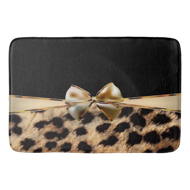 Black & Guld Bow Leopard Cheetah Animal Print Badrumsmatta (Framsidan)