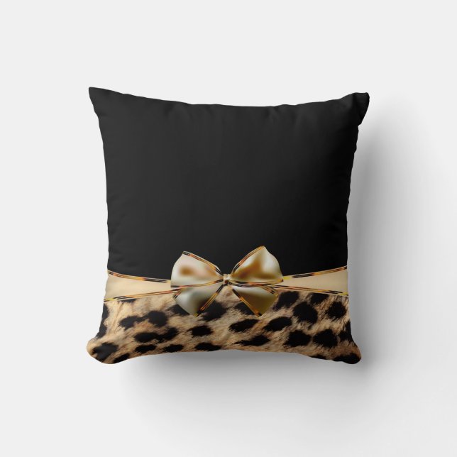 Black & Guld Bow Leopard Cheetah Animal Print Kudde (Framsida)