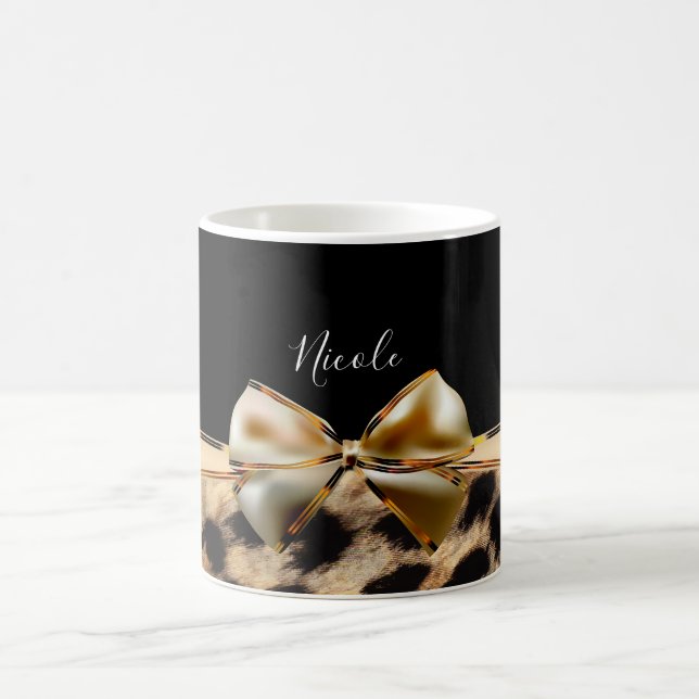 Black & Guld Bow Leopard Cheetah Animal Print Magisk Mugg (Center)