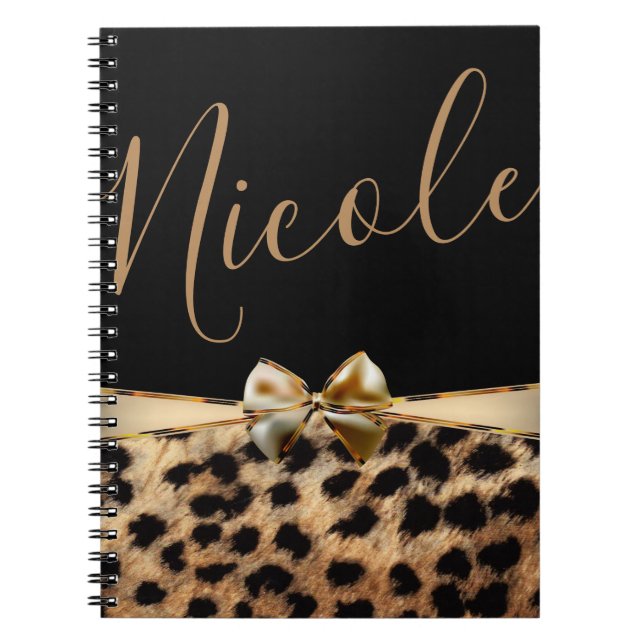 Black Guld Bow Leopard Cheetah Print Personlig Anteckningsbok Med Spiral (Framsidan)