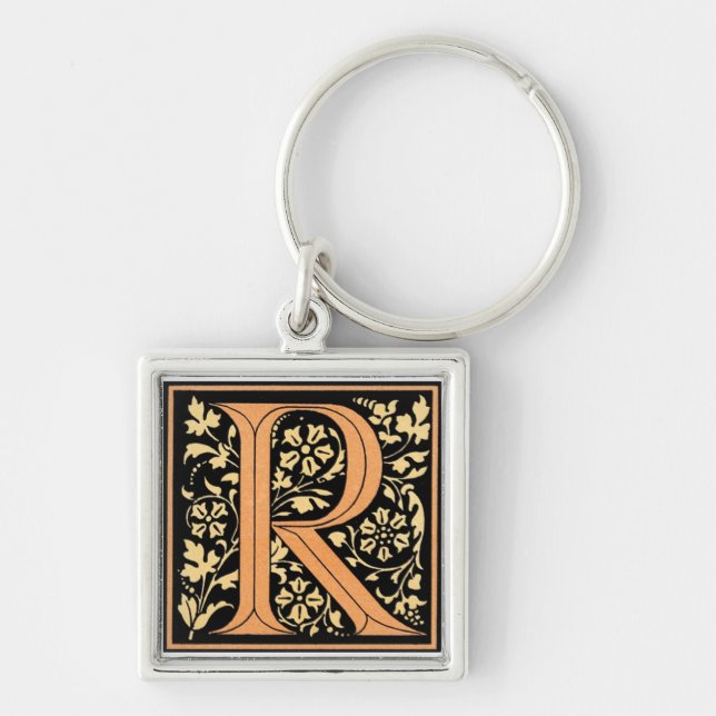 Black & Guld Brev "R" Fyrkantig Silverfärgad Nyckelring (Framsidan)