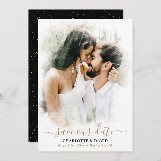 Black Guld Bröllop Photo Spara vårt datumkort Spara Datumet (Fram/baksida)