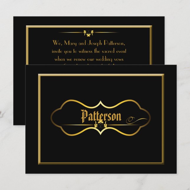Black & Guld Bröllop Vow Renewal Inbjudningar (Fram/baksida)