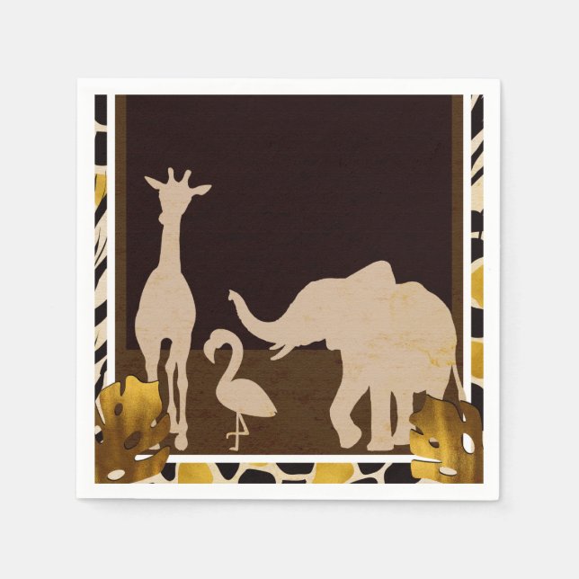 Black Guld Brown Zoo Animals Safari Print Party Pappersservett (Framsidan)
