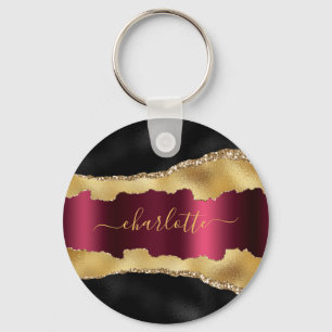 Black guld burgundy agate marble namn-skript nyckelring