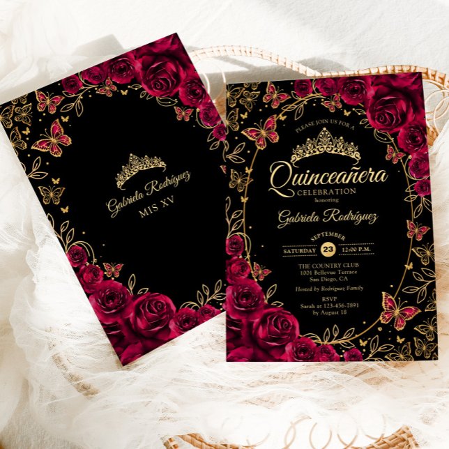 Black Guld Burgundy Quinceanera Inbjudningar (Skapare uppladdad)