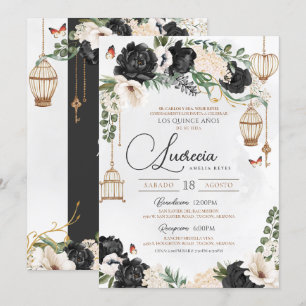 Black & Guld Butterfly Blommigt Elegant Quinceañer Inbjudningar