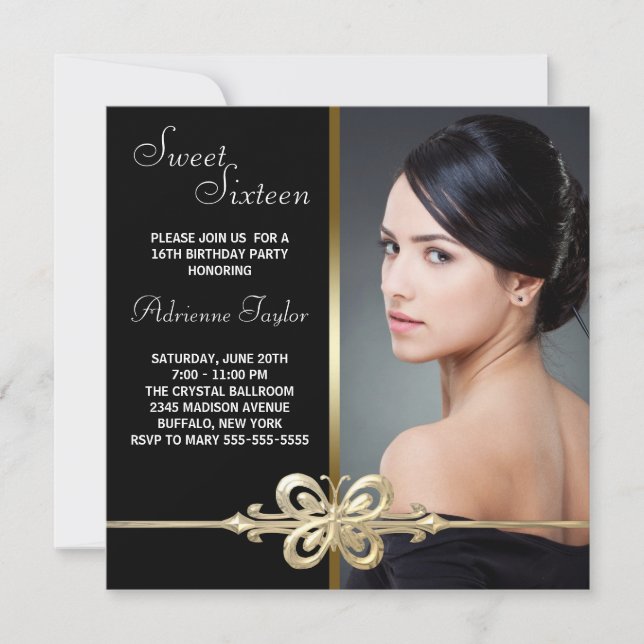 Black Guld Butterfly Photo Sweet sixteen Birthday Inbjudningar (Framsida)