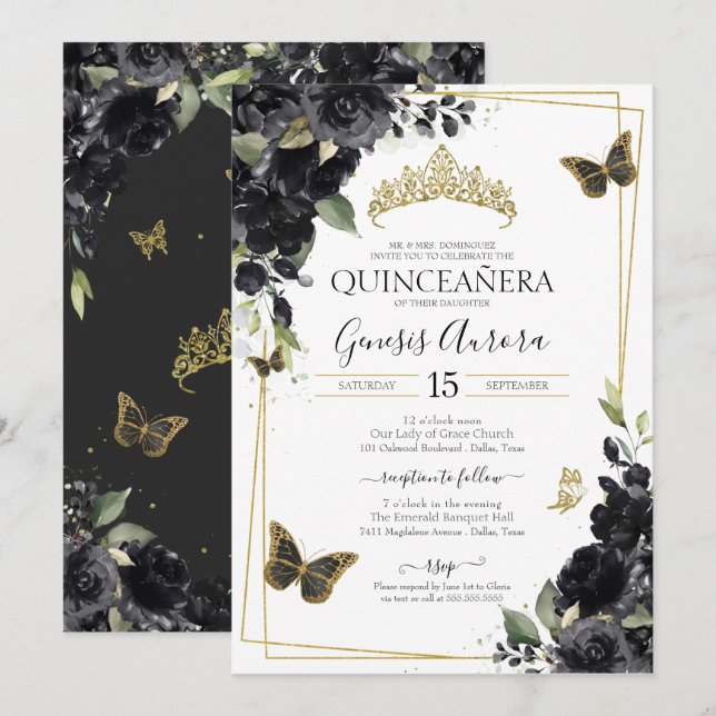 Black Guld Butterfly Watercolor Blommigt Quinceane Inbjudningar (Fram/baksida)