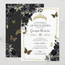 Black Guld Butterfly Watercolor Blommigt Quinceane