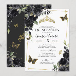 Black Guld Butterfly Watercolor Blommigt Quinceane Inbjudningar