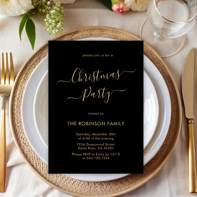 Black Guld Calligraphy Helgdag jul Party Inbjudningar (Skapare uppladdad)