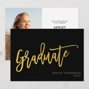 Black Guld Calligraphy Script Student Photo Party Inbjudningar