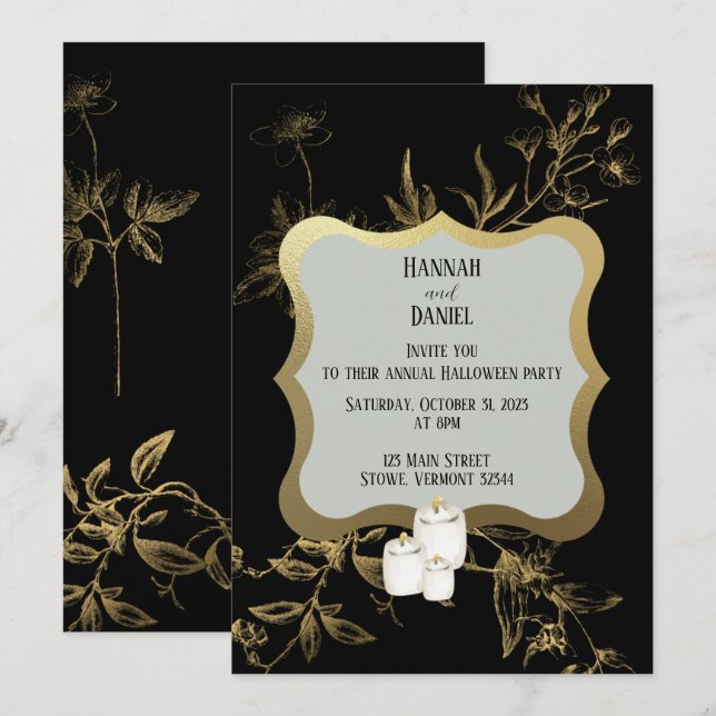 Black & Guld Candle Halloween fest Inbjudningar (Fram/baksida)