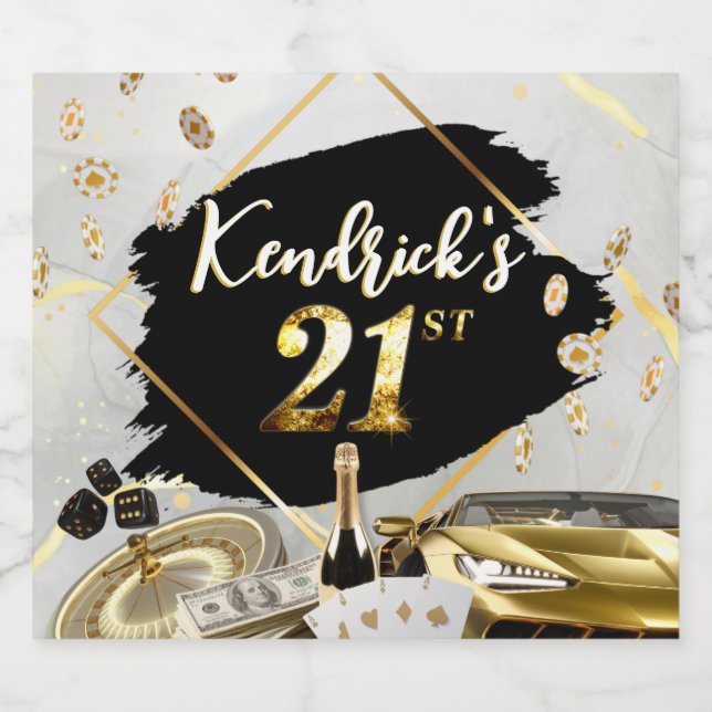 Black & Guld Casino, 21:a födelsedag med lyxbil Ölflaska Etikett (Singel etikett)