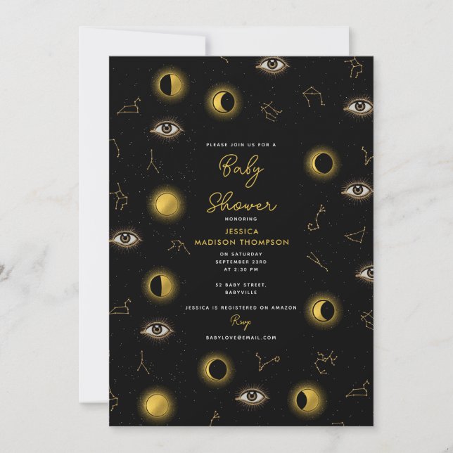 Black Guld Celestial Sol & Måne Baby Shower Inbjudningar (Framsida)