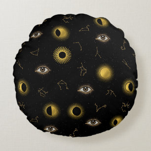 Black Guld Celestial Sol & Måne Zodiac Öga Rund Kudde