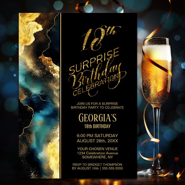 Black Guld Celestial Surprise 18:e Födelsedagsfest Inbjudningar (Skapare uppladdad)