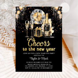 Black Guld Champagne Cheers Nyårsafton Party Inbjudningar