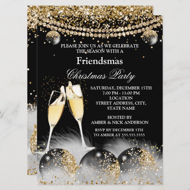 Black Guld Champagne Friendsmas jul Party Inbjudningar (Fram/baksida)