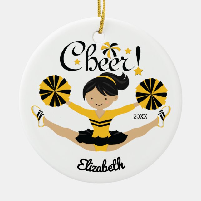 Black & Guld Cheer Mörk Hair CheerLedare Ornament (Framsidan)