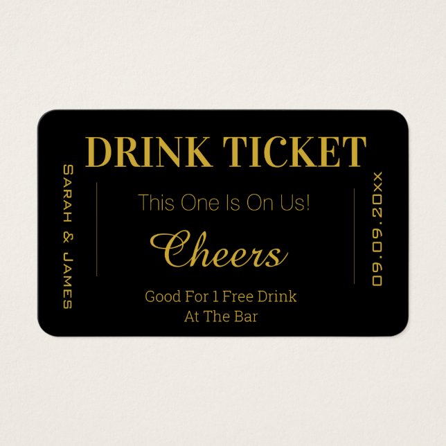 Black & Guld Cheers Bröllop Drink Voucher Biljett (Framsida)