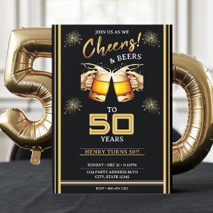 Black & Guld Cheers & Öl 50 år 50 födelsedagar Inbjudningar