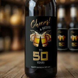 Black & Guld Cheers & Öl 50 år 50 födelsedagar Vinflaska Etikett