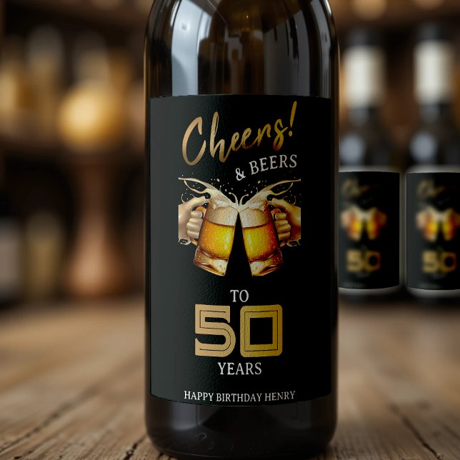Black & Guld Cheers & Öl 50 år 50 födelsedagar Vinflaska Etikett (Black & Gold Cheers & Beers 50 Years 50th Birthday Wine Label
)