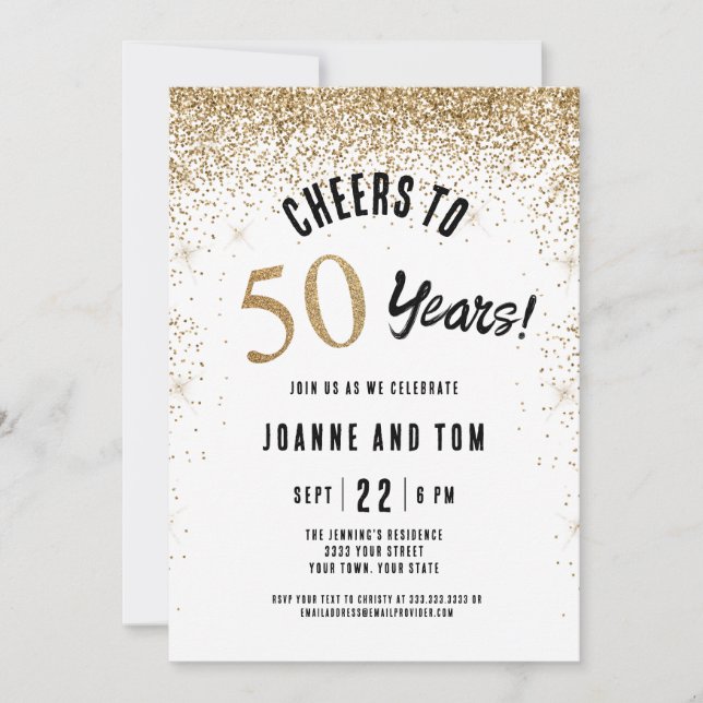 Black Guld Cheers till 50 års Bröllop-årsdag Inbjudningar (Framsida)