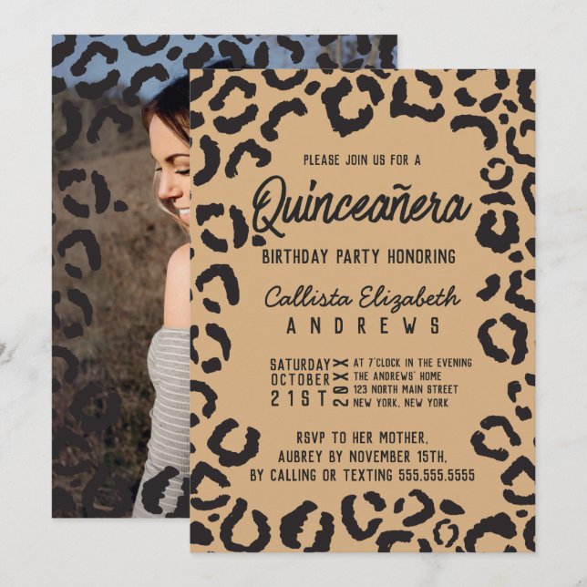 Black Guld Cheetah Leopard Quinceañera Photo Inbjudningar (Fram/baksida)