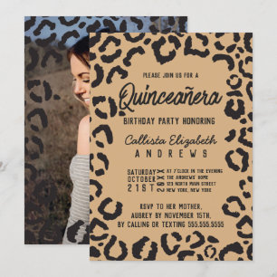 Black Guld Cheetah Leopard Quinceañera Photo Inbjudningar