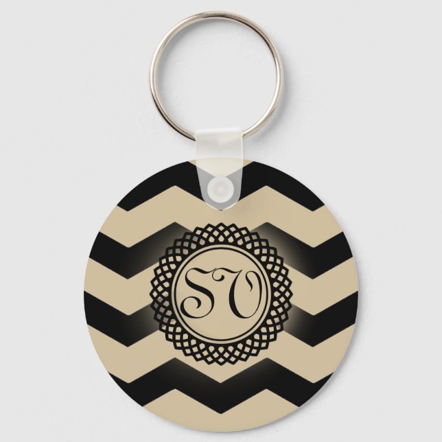 Black & Guld Chevron Monogram Nyckelring (Framsida)