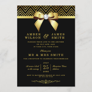 Black Guld Chevrons Bow Wedding Reception Inbjudningar