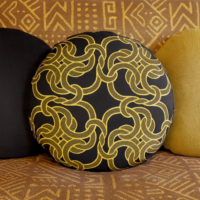 Black Guld Chic Celtic Knot Seamless Mönster Tile Rund Kudde (Skapare uppladdad)