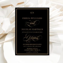 Black Guld Classic Monogram Bröllop Inbjudningar