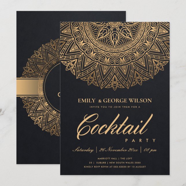 BLACK GULD CLASSIC ORNATE MANDALA COCKTAIL PARTY INBJUDNINGAR (Fram/baksida)