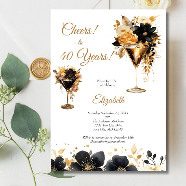 Black Guld Cocktails Drinks Blommigtar 40:e födels Inbjudningar (Black Gold Cocktail Flowers Watercolor 40th Birthday invitation)