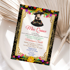 Black Guld Colorful Blommigt Quinceañera-inbjudan Inbjudningar