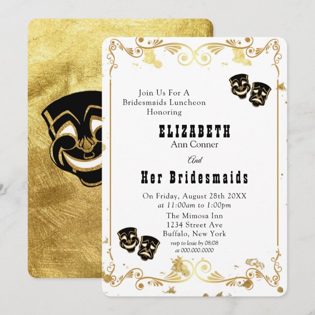 Black Guld Comedy & Tragedy Bridesmaids Luncheon Inbjudningar (Fram/baksida)