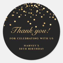 Black & Guld Confetti Birthday Sticker, Tack Runt Klistermärke