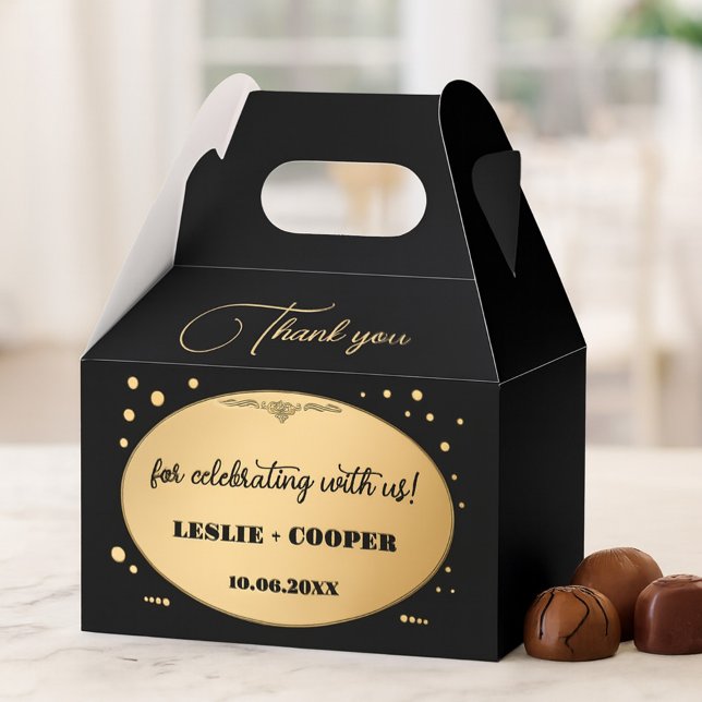 Black Guld Confetti Bröllop Tack Presentaskar (Wedding favor box featuring a stylish gold and black art deco design with sparkling gold confetti.)