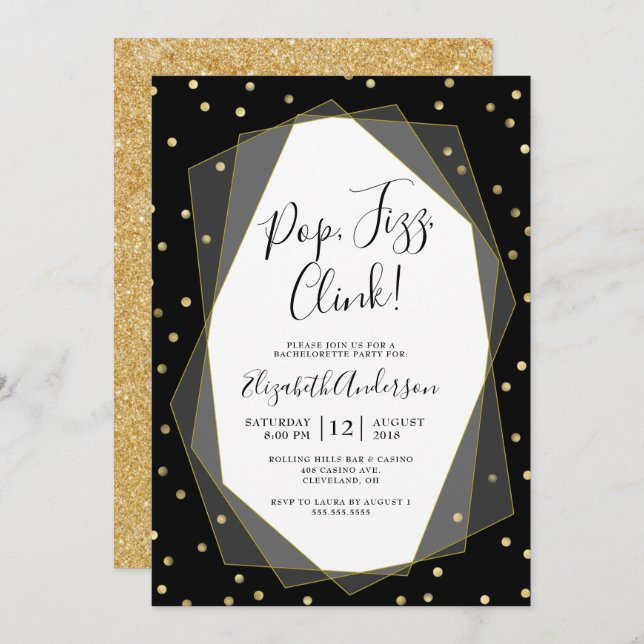 Black Guld confetti Geometric Bachelorette Party Inbjudningar (Fram/baksida)