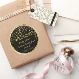 Black & Guld Confetti Modern Bröllop Runt Klistermärke