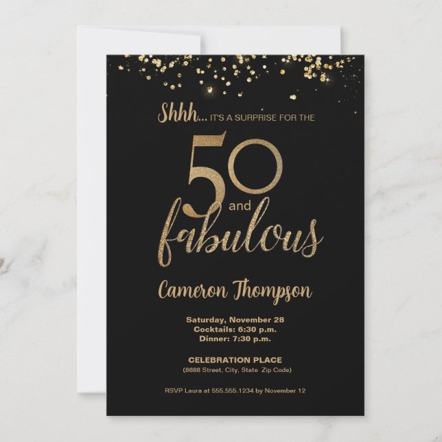 Black Guld Confetti Surprise 50 och fantastiska Inbjudningar (Framsida)