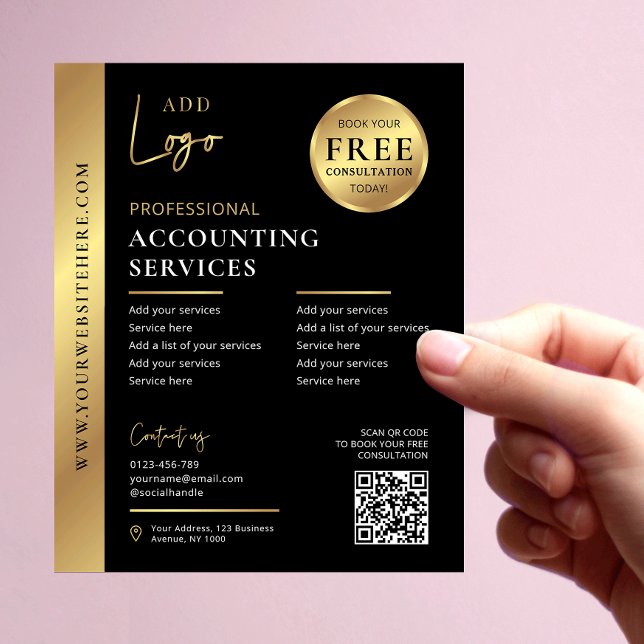 Black & Guld Corporate Business QR Code Marknadsfö Flygblad (Modern business flyer in black and gold with QR code and your logo)