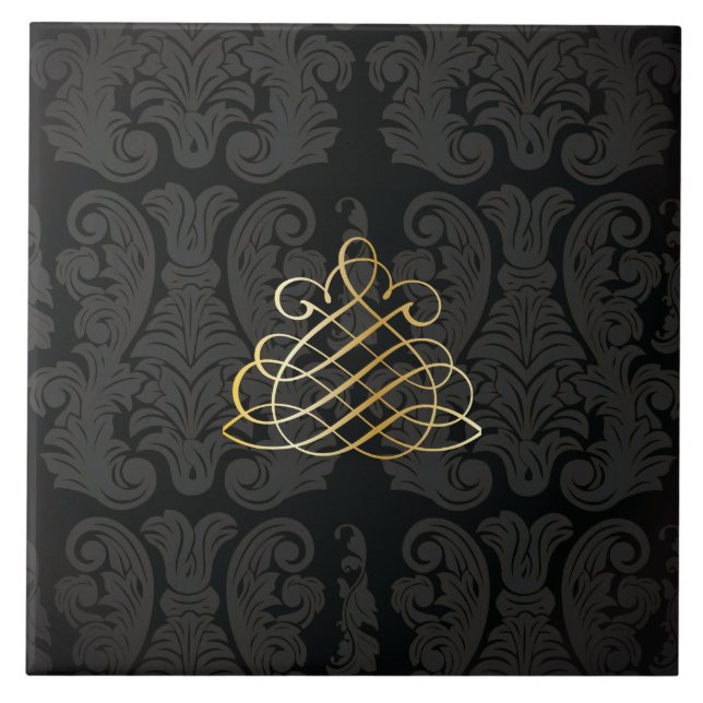 Black guld Damask Classy Royal Stil Tile Kakelplatta (Framsidan)